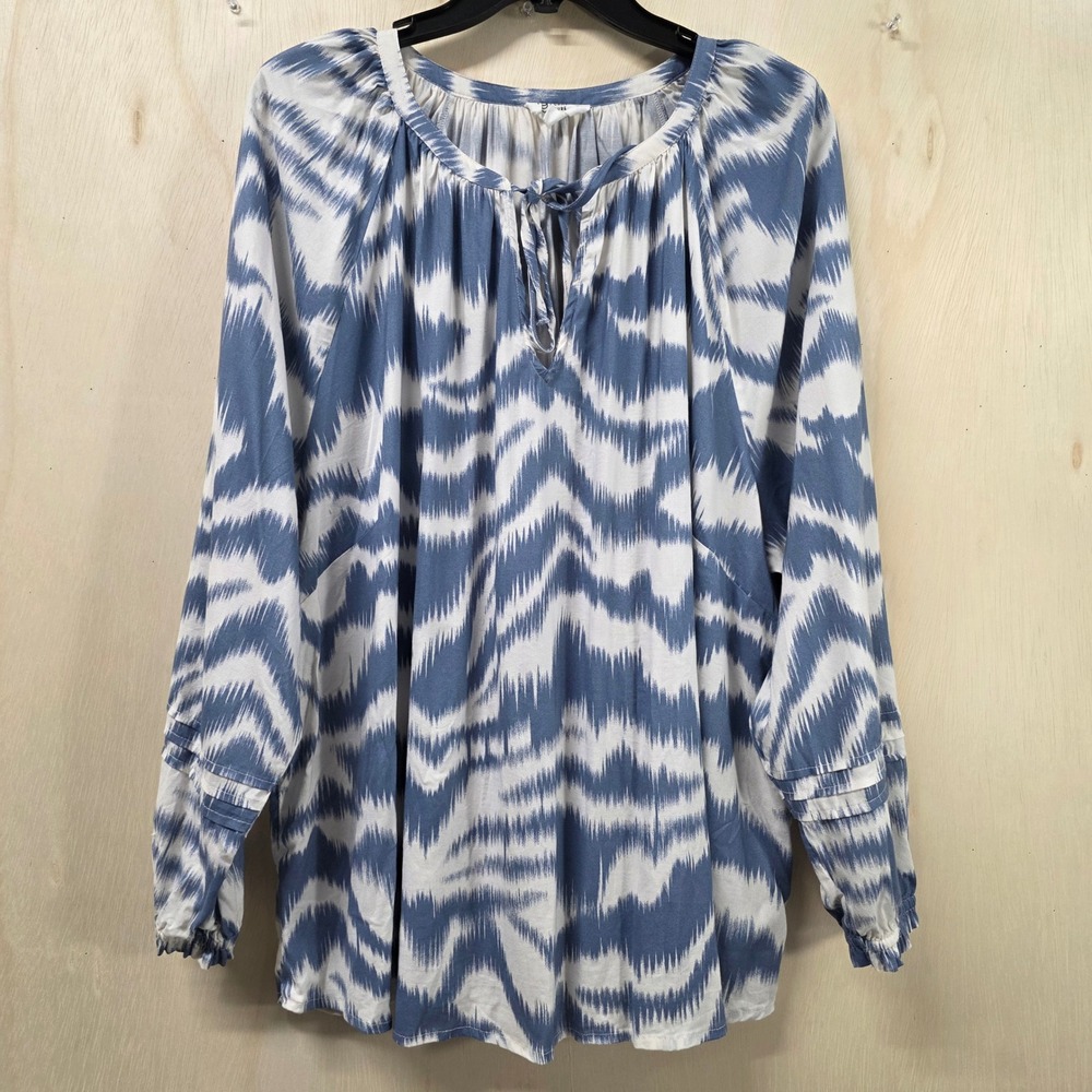 Candace Cameron Bure Boho Peasant Tunic Blouse Plus Blue White Long Sleeve 2X